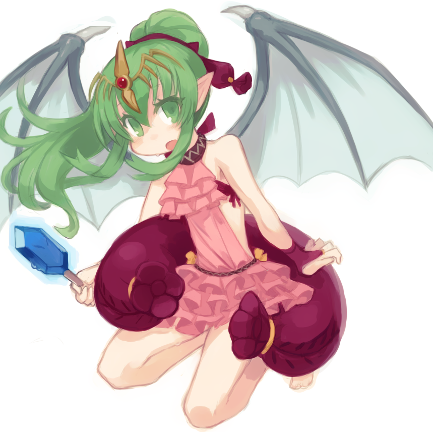 barefoot chiki commentary_request dragon_wings fire_emblem fire_emblem:_monshou_no_nazo fire_emblem_heroes food green_eyes green_hair hair_ribbon long_hair mamkute open_mouth pink_swimsuit pointy_ears ponytail popsicle red_ribbon ribbon simple_background solo swimsuit tiara tonnyoriclayer white_background wings