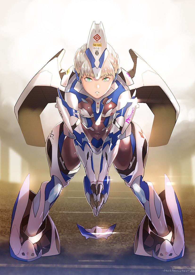 aqua_eyes bodysuit covered_navel hands_clasped jack_hamster leaning_forward looking_at_viewer mecha_musume original own_hands_together parted_lips see-through short_hair silver_hair skin_tight solo