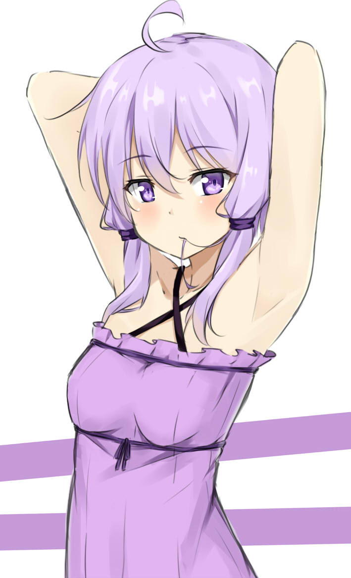 ahoge armpits arms_up bangs bare_shoulders blush breasts closed_mouth collarbone commentary_request criss-cross_halter dress eyebrows_visible_through_hair hair_between_eyes hair_in_mouth halterneck kohakope purple_dress purple_eyes purple_hair small_breasts solo voiceroid white_background yuzuki_yukari