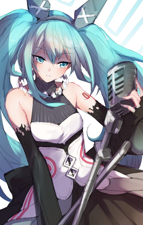 alternate_costume bad_id bad_twitter_id blue_eyes chinese_commentary commentary_request eyebrows_visible_through_hair hair_between_eyes hair_ornament hatsune_miku holding long_hair microphone open_mouth solo tattoo twintails very_long_hair vocaloid waero