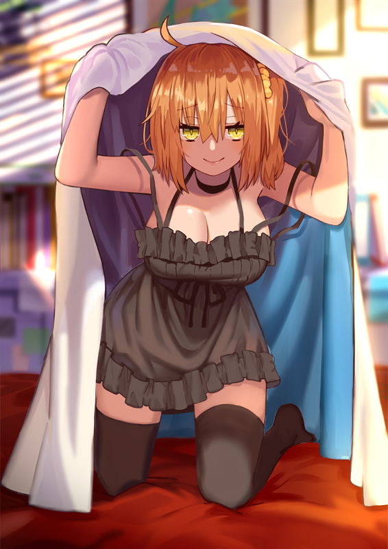 ahoge arms_up bangs bare_arms bare_shoulders bed_sheet black_choker black_dress black_legwear blanket blurry blurry_background blush breasts brown_hair chinese_commentary choker cleavage closed_mouth commentary_request depth_of_field dress eyebrows_visible_through_hair fate/grand_order fate_(series) fujimaru_ritsuka_(female) green_eyes hair_between_eyes hair_ornament hair_scrunchie indoors kneeling medium_breasts no_shoes ryuuno6 scrunchie sleeveless sleeveless_dress smile solo thighhighs yellow_scrunchie