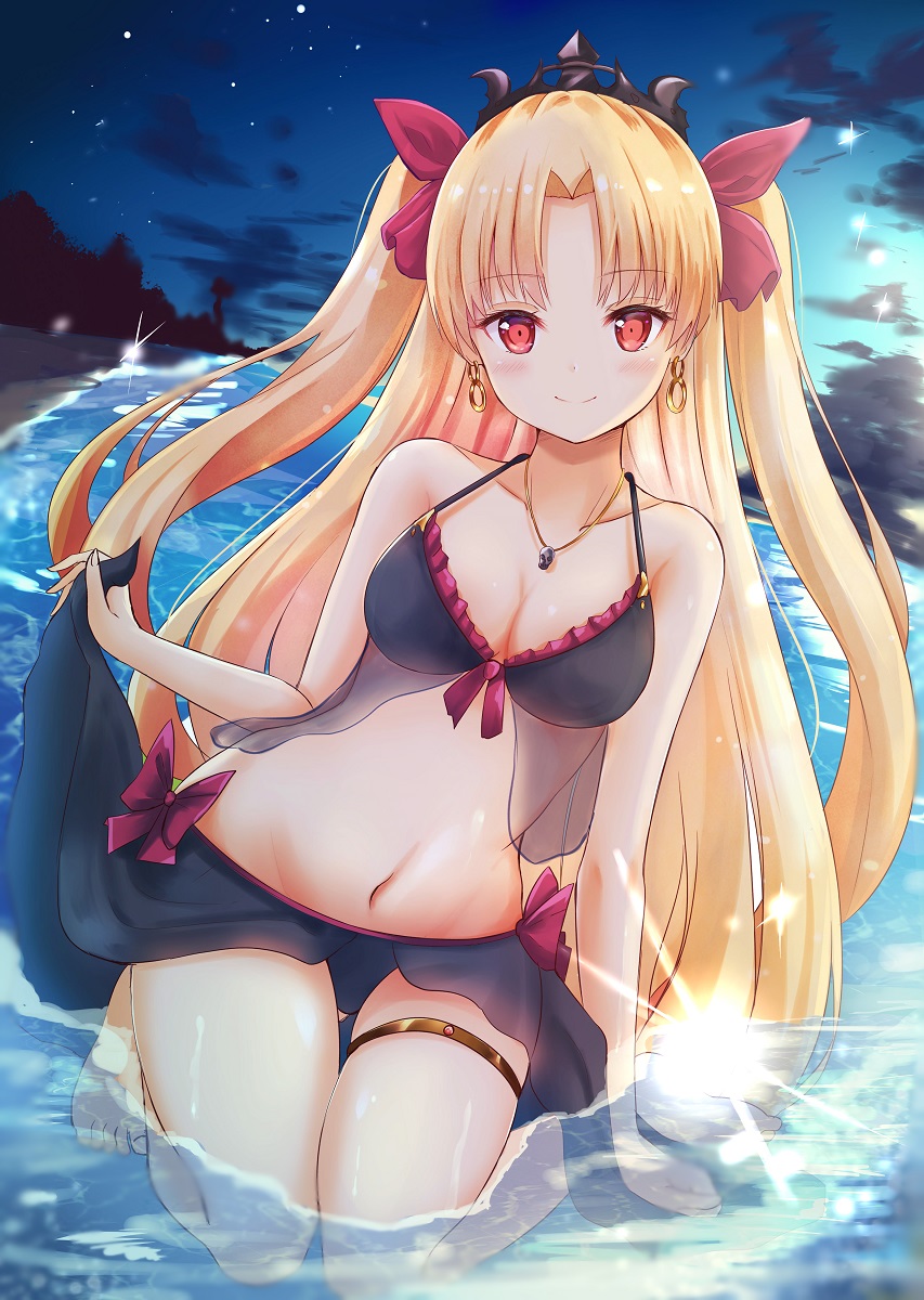 bare_arms bare_legs bare_shoulders barefoot bikini black_bikini blonde_hair blush bow breasts cleavage cloud collarbone commentary_request ereshkigal_(fate/grand_order) eyebrows_visible_through_hair fate/grand_order fate_(series) full_body groin hair_ribbon highres jewelry lifted_by_self long_hair looking_at_viewer medium_breasts navel night night_sky outdoors pendant red_bow red_eyes red_ribbon renka_(cloudsaikou) ribbon sand seiza shiny shiny_skin sitting skindentation sky smile solo star_(sky) starry_sky stomach swimsuit thigh_strap thighs two_side_up very_long_hair wading water