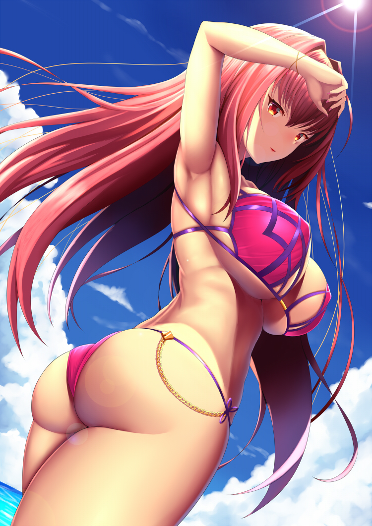 arm_up armpits ass bangs bikini blue_sky blush bracelet breasts commentary_request day fate/grand_order fate_(series) hair_between_eyes hair_intakes hips jewelry large_breasts long_hair looking_at_viewer looking_back navel open_mouth pink_bikini purple_hair red_eyes scathach_(fate)_(all) scathach_(swimsuit_assassin)_(fate) sky smile solo sunlight swimsuit thighs zukky