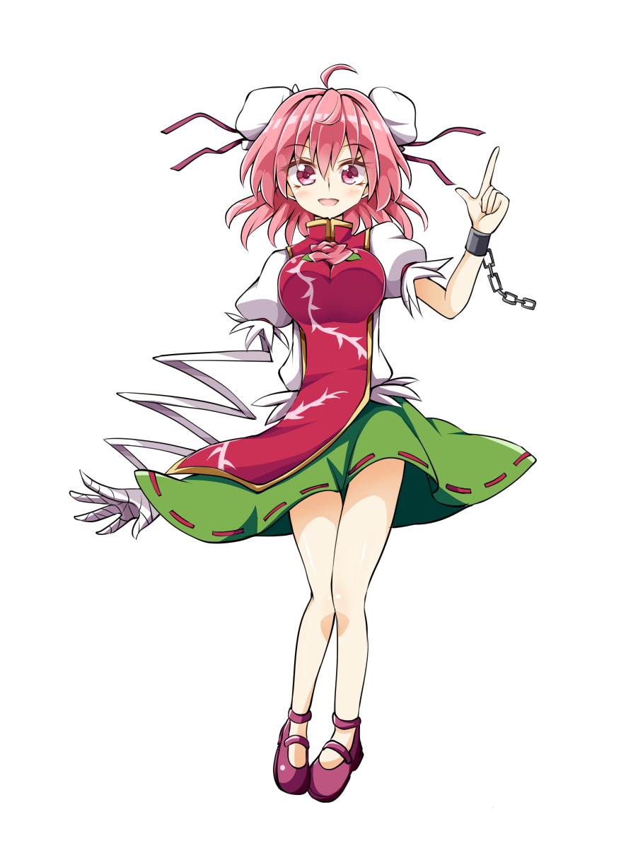 aki_chimaki amputee bandages chain cuffs double_bun flower full_body green_skirt highres ibaraki_kasen index_finger_raised looking_at_viewer open_mouth pink_eyes pink_flower pink_hair pink_rose puffy_sleeves ribbon ribbon-trimmed_skirt ribbon_trim rose shackles shoes skirt tabard touhou transparent_background