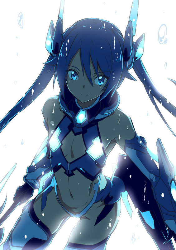 armor backlighting bangs bare_shoulders black_gloves blue_armor blue_eyes blue_hair boots bracer closed_mouth commentary_request detached_sleeves eyebrows_visible_through_hair flat_chest floating_hair gloves hair_between_eyes hair_flaps headgear holding holding_weapon leotard long_hair looking_at_viewer magical_girl navel ore_twintail_ni_narimasu shade sidelocks smile solo standing stomach tailblue thigh_boots thighhighs tsube_aika twintails water_drop weapon white_background white_leotard yuto_(dialique)