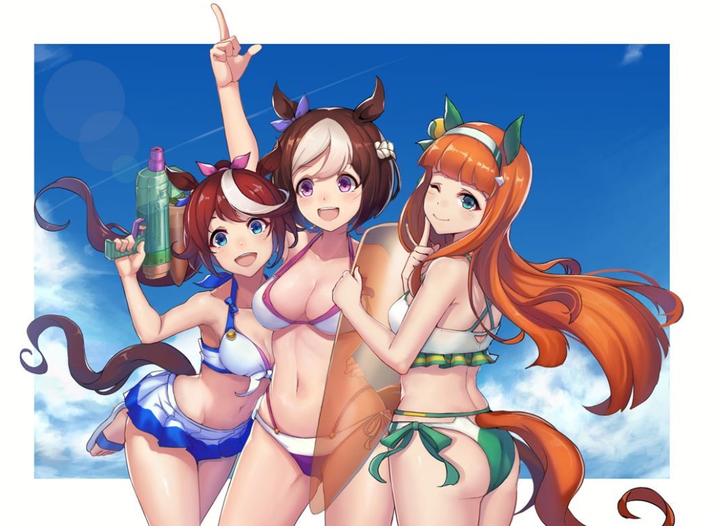 animal_ears arm_up armpits ass bikini bikini_skirt blue_eyes bow breasts brown_hair cleavage commentary day english_commentary finger_to_face green_bikini green_swimsuit hair_bow hairband horse_ears horse_tail leaning_forward leg_up long_hair looking_back multiple_girls navel one_eye_closed open_mouth outdoors ponytail purple_eyes ribbon sandals short_hair silence_suzuka smile special_week standing standing_on_one_leg swimsuit tail tokai_teio umamusume vococo water_gun white_bikini white_swimsuit