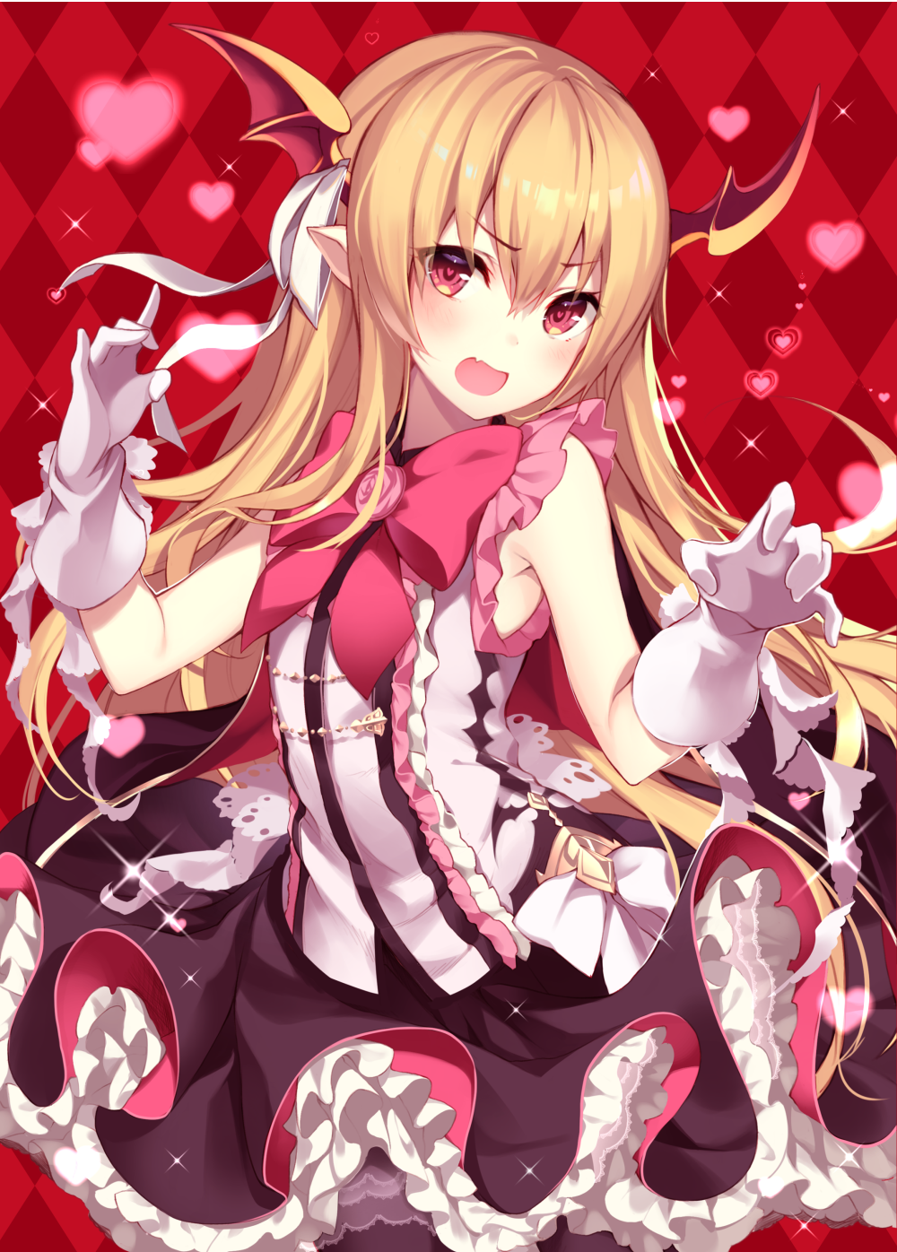 argyle argyle_background blonde_hair blush dress eyebrows_visible_through_hair fang gloves granblue_fantasy hair_ribbon head_wings heart heart-shaped_pupils highres homaderi looking_at_viewer open_mouth pointy_ears red_background red_eyes ribbon shadowverse shingeki_no_bahamut sleeveless sleeveless_dress solo symbol-shaped_pupils vampy white_gloves white_ribbon