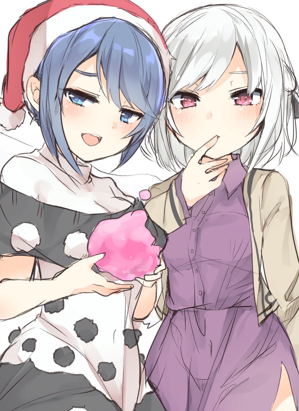 :d black_dress blob blue_eyes blue_hair blush breasts brown_jacket commentary_request cowboy_shot doremy_sweet dress finger_to_mouth hat highres holding jacket karasusou_nano kishin_sagume long_sleeves looking_at_viewer medium_breasts multicolored multicolored_clothes multicolored_dress multiple_girls open_mouth pink_eyes pom_pom_(clothes) purple_dress red_hat santa_hat short_hair silver_hair simple_background sketch smile standing touhou white_background white_dress wing_collar