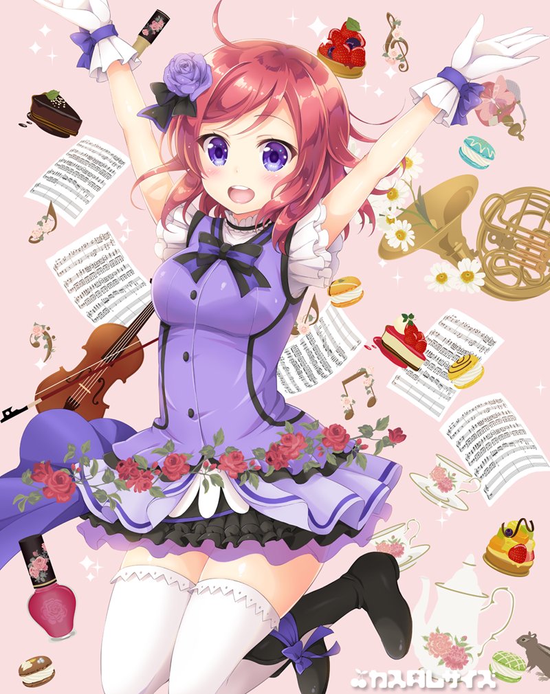 :d \o/ ahoge arms_up bass_clef black_footwear black_ribbon boots bow bowtie cheesecake chipmunk circle_name commentary cup dress flower food french_horn frilled_gloves frills fruit gloves hair_flower hair_ornament hair_ribbon instrument jumping kira-kira_sensation! light_blush looking_at_viewer love_live! love_live!_school_idol_project macaron medium_hair musical_note nail_polish_bottle nishikino_maki open_mouth outstretched_arms papers pink_background purple_bow purple_dress purple_eyes purple_flower purple_rose red_flower red_hair red_rose ribbon rose round_teeth sakurai_makoto_(custom_size) saucer sheet_music smile solo sparkle squirrel strawberry striped striped_neckwear teacup teapot teeth thighhighs treble_clef upper_teeth violin white_gloves white_legwear wrist_bow