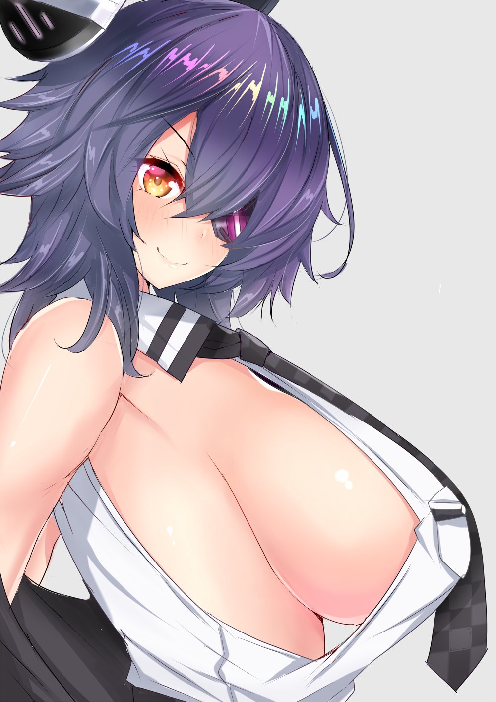 black_jacket blush breasts checkered checkered_neckwear closed_mouth eyebrows_visible_through_hair eyepatch from_side hair_between_eyes headgear highres huge_breasts jacket jacket_on_shoulders kantai_collection looking_at_viewer medium_hair necktie purple_hair remodel_(kantai_collection) sankakusui shirt sideboob simple_background smile solo tenryuu_(kantai_collection) upper_body white_background white_shirt yellow_eyes