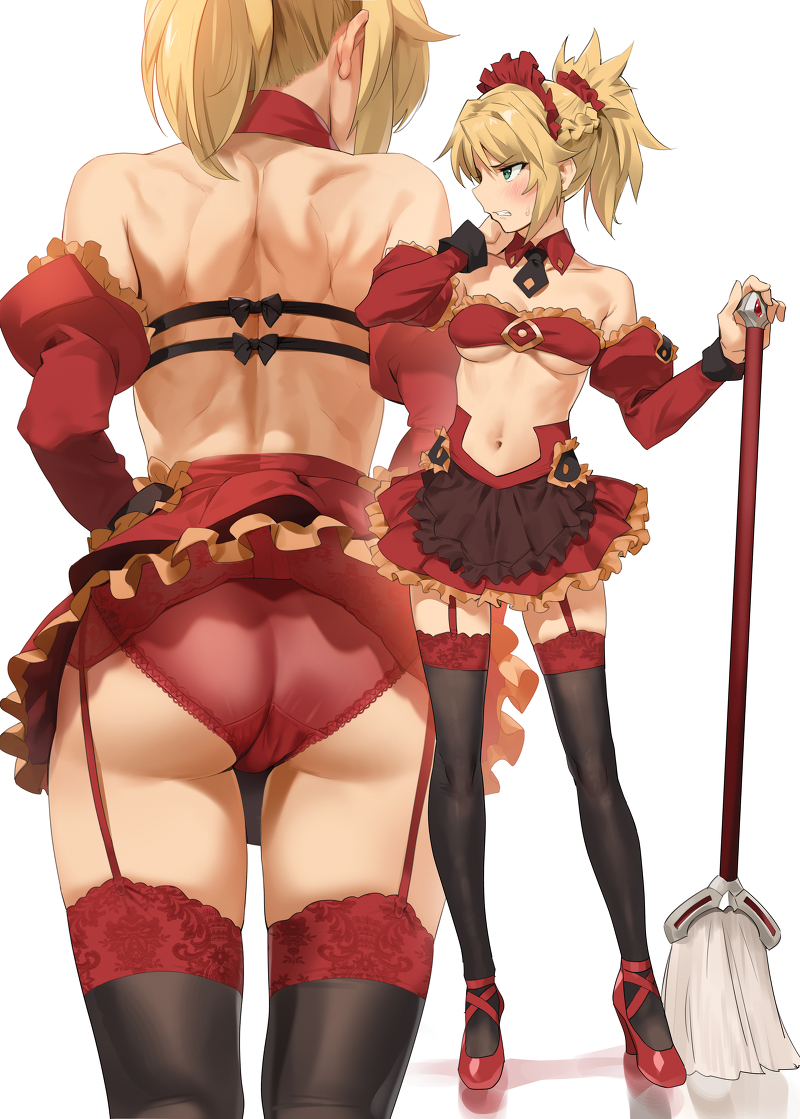 ass back bare_shoulders black_legwear blonde_hair breasts broom detached_sleeves fate/apocrypha fate_(series) frilled_panties frills from_behind garter_belt garter_straps gold_trim green_eyes hand_on_own_cheek hidden_face high_heels hips holding holding_broom lace lace-trimmed_thighhighs medium_breasts miniskirt mordred_(fate) mordred_(fate)_(all) multiple_views navel panties ponytail profile red_footwear red_panties red_skirt simple_background skirt stomach sweatdrop thighhighs thighs underboob underwear upskirt white_background yang-do