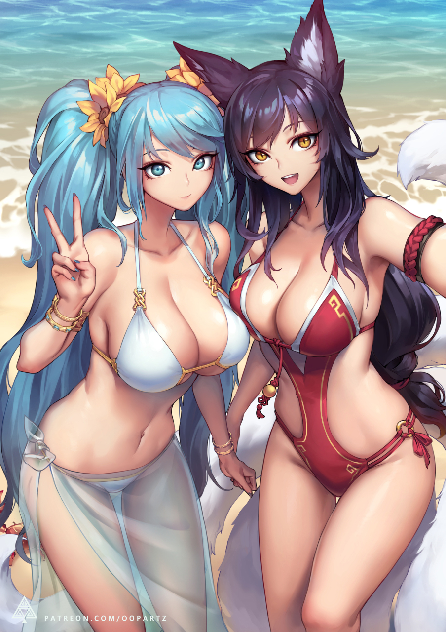 ahri animal_ears armlet beach bikini black_hair blue_eyes blue_hair bracelet breasts casual_one-piece_swimsuit cleavage crab day flower fox_ears hair_flower hair_ornament halterneck highres jewelry large_breasts league_of_legends long_hair looking_at_viewer low-tied_long_hair multiple_girls multiple_tails nail_polish navel o-ring o-ring_swimsuit one-piece_swimsuit oopartz_yang outdoors red_swimsuit sarong smile sona_buvelle swimsuit tail thigh_gap twintails v very_long_hair white_bikini yellow_eyes