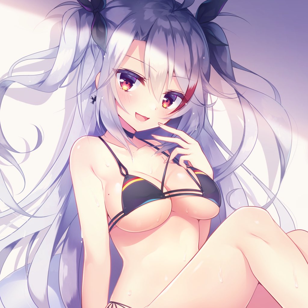 antenna_hair arm_support azur_lane bangs bikini black_bikini black_ribbon blush breasts commentary_request covered_nipples cross cross_earrings earrings eyebrows_visible_through_hair finger_to_mouth flag_print german_flag_bikini hair_between_eyes hair_ribbon iron_cross jewelry large_breasts long_hair looking_at_viewer mole mole_on_breast multicolored_hair open_mouth prinz_eugen_(azur_lane) red_hair ribbon side-tie_bikini sidelocks silver_hair sitting smile solo streaked_hair swimsuit two_side_up very_long_hair wet ytuorvi