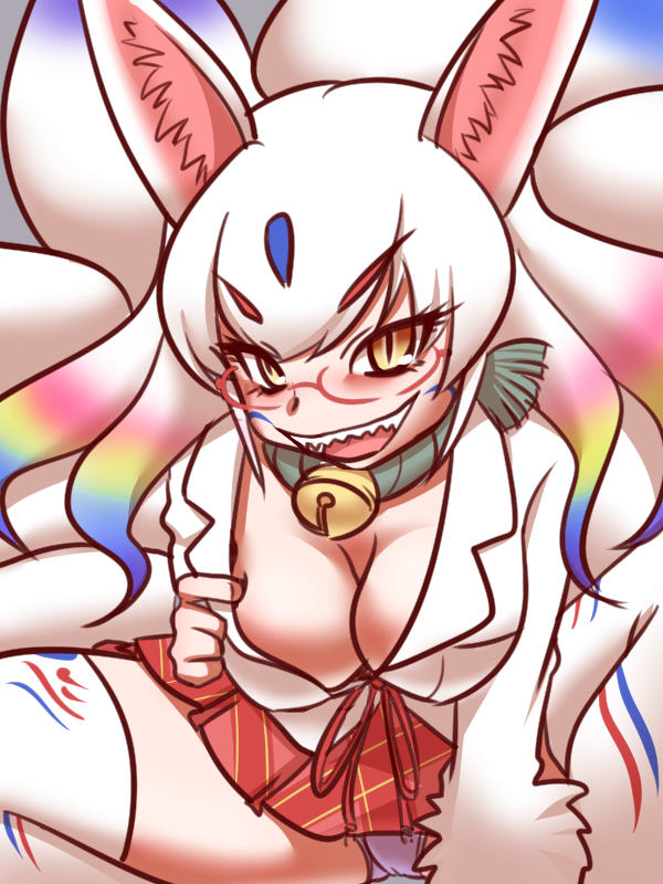 2016 4_fingers amber_eyes animal_humanoid bell big_breasts biped blue_tail breasts camel_toe canine cleavage clothed clothing crouching digital_drawing_(artwork) digital_media_(artwork) dipstick_tail dress_shirt eyelashes eyewear female fox_humanoid front_view glasses hair humanoid humanoid_hands japanese japanese_mythology kemono_friends light_skin looking_at_viewer mammal multi_tail multicolored_hair multicolored_tail mythology naughty_face nine-tailed_fox_(kemono_friends) open_mouth open_smile panties plaid pleated_skirt purple_tail rainbow_hair red_clothing sharp_teeth shirt skirt slit_pupils smile solo spread_legs spreading tan_skin teeth two_tone_tail underwear upskirt white_clothing white_tail とうげさすけ