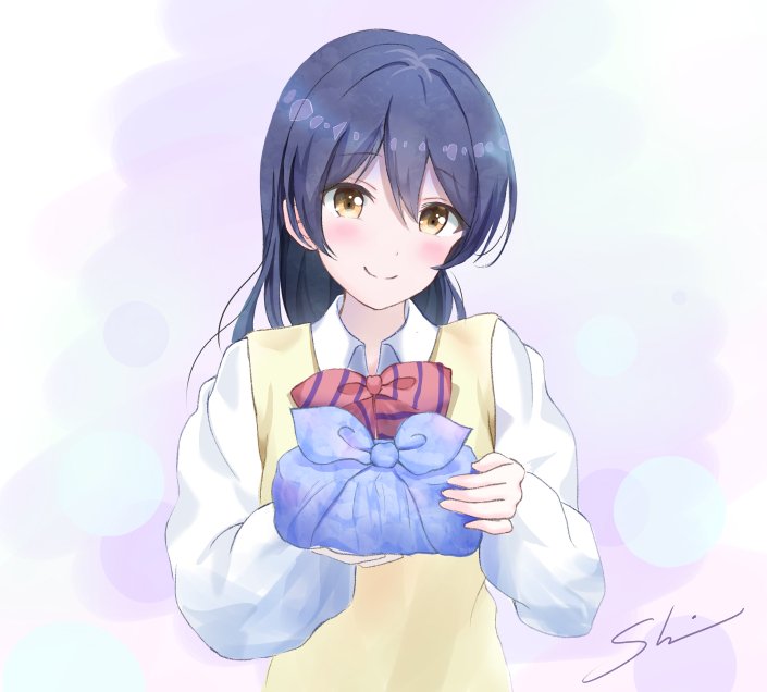 bangs blue_hair blush bow bowtie closed_mouth commentary_request hair_between_eyes long_hair long_sleeves looking_at_viewer love_live! love_live!_school_idol_project obentou otonokizaka_school_uniform red_neckwear school_uniform shino_(shinderera) simple_background smile solo sonoda_umi striped striped_neckwear upper_body yellow_eyes