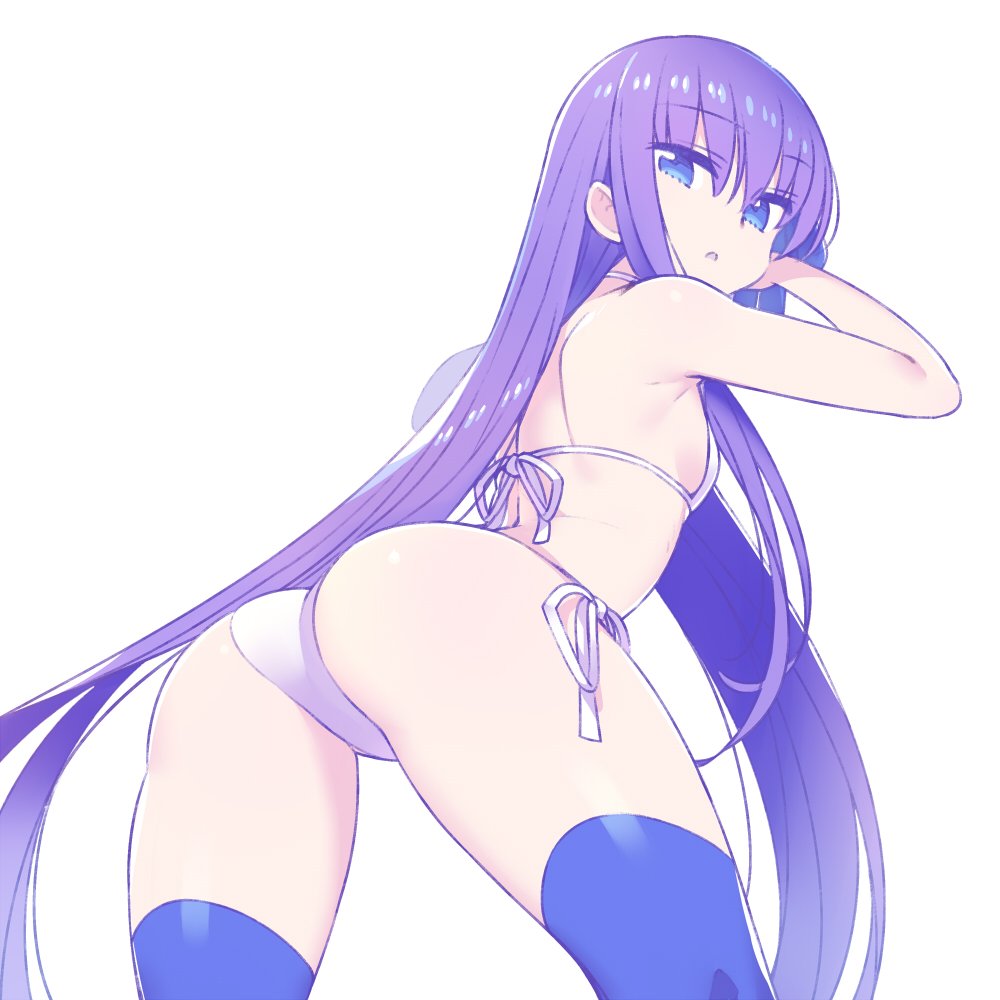 ass bangs bikini blue_eyes blue_legwear breasts chan_co commentary cowboy_shot eyebrows_visible_through_hair fate/extra fate/extra_ccc fate/grand_order fate_(series) long_hair looking_at_viewer looking_back meltlilith open_mouth purple_hair side-tie_bikini simple_background small_breasts swimsuit thighhighs very_long_hair white_background white_bikini