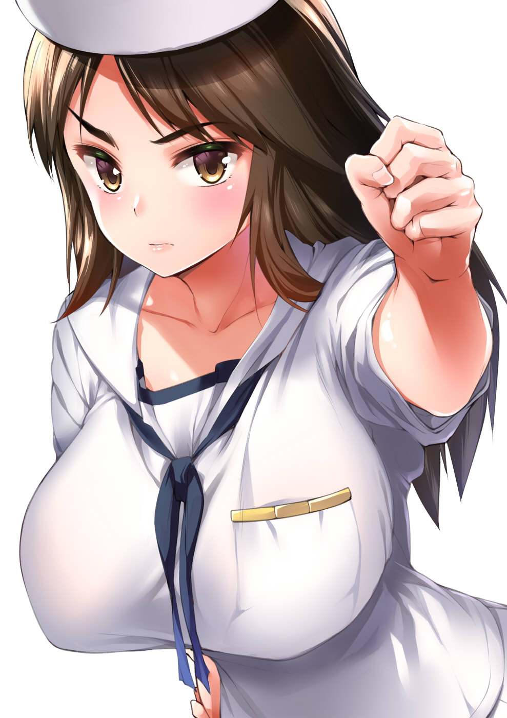 amasora_taichi bangs blush breasts brown_eyes brown_hair clenched_hand closed_mouth commentary_request dixie_cup_hat eyebrows_visible_through_hair girls_und_panzer hat highres large_breasts long_hair looking_at_viewer military_hat murakami_(girls_und_panzer) neckerchief ooarai_naval_school_uniform school_uniform short_sleeves simple_background solo standing white_background