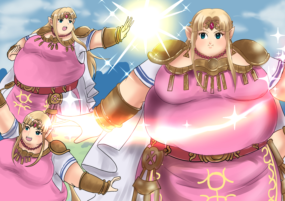 1girl bangs belt blonde_hair blue_eyes breasts cape circlet earrings eyebrows_visible_through_hair fat jewelry large_breasts magic multiple_views open_mouth pointy_ears princess_zelda short_sleeves smile standing the_legend_of_zelda