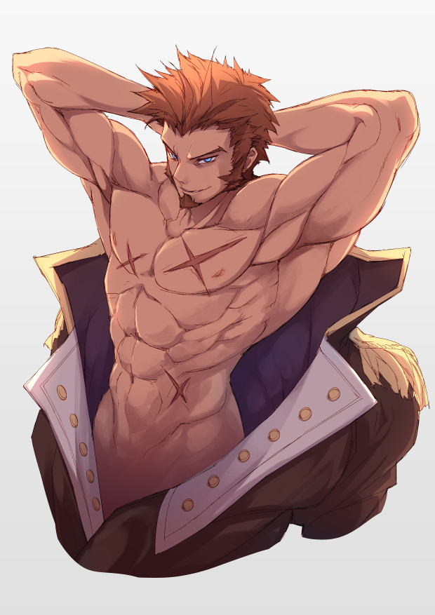 arms_behind_head beard blue_eyes brown_hair chest chest_scar chinese_commentary commentary_request facial_hair fate/grand_order fate_(series) grey_background looking_at_viewer male_focus muscle napoleon_bonaparte_(fate/grand_order) open_clothes scar shirtless simple_background smile solo waero