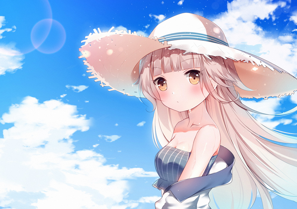 azur_lane bangs bare_shoulders bikini blue_bikini blue_sky blunt_bangs blush breasts brown_eyes chinese_commentary closed_mouth cloud cloudy_sky collarbone commentary_request day eyebrows_visible_through_hair hat jacket light_brown_hair linhe_de_chuangzi long_hair looking_at_viewer looking_to_the_side off_shoulder outdoors sky small_breasts solo straw_hat swimsuit very_long_hair white_hat white_jacket z46_(azur_lane)