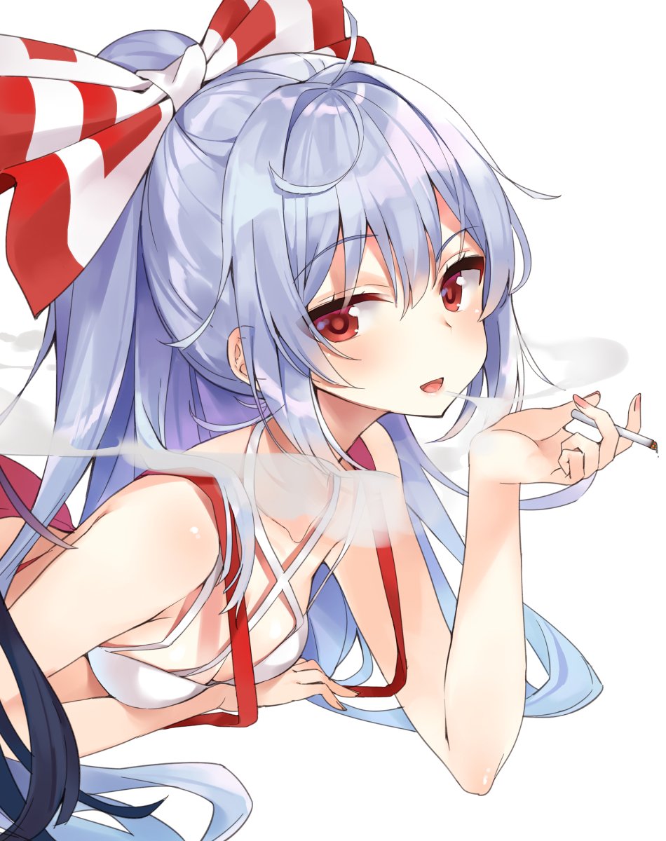 bare_arms bare_shoulders black_hair blush bow breasts cigarette collarbone commentary_request criss-cross_halter eyebrows_visible_through_hair fujiwara_no_mokou hair_between_eyes hair_bow halterneck hand_up highres holding holding_cigarette houraisan_kaguya long_hair looking_at_viewer lying mirei multiple_girls nail_polish on_stomach open_mouth out_of_frame pants pink_nails ponytail red_eyes red_pants silver_hair simple_background small_breasts smile smoke smoking suspenders touhou upper_body white_background white_bikini_top white_bow