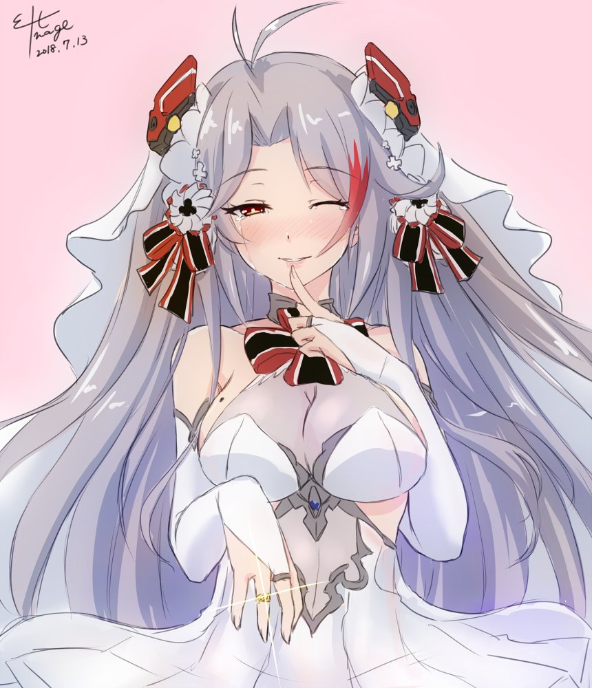 adapted_costume antenna_hair azur_lane bangs bare_shoulders between_legs blush breasts bridal_gauntlets bridal_veil brown_eyes cleavage collarbone commentary_request crying dated dress eltnage eyebrows_visible_through_hair finger_to_mouth flower gloves hair_between_eyes hair_ornament half-closed_eye half-closed_eyes happy_tears headgear heart iron_cross jewelry large_breasts long_hair looking_at_viewer mole mole_on_breast multicolored_hair nail_polish no_bra one_eye_closed parted_lips pink_background prinz_eugen_(azur_lane) red_hair ring see-through signature silver_hair simple_background smile solo tears two_side_up veil very_long_hair wedding_dress wedding_ring white_dress white_flower white_gloves white_hair