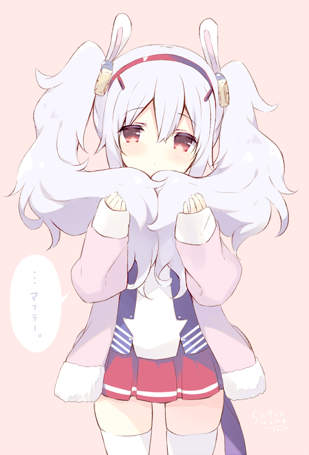 animal_ears azur_lane bunny_ears coat commentary_request expressionless fake_animal_ears hair_lift hairband holding holding_hair laffey_(azur_lane) lavender_hair lifted_by_self long_hair pink_coat red_eyes red_skirt shiratama_(shiratamaco) skirt solo thighhighs twintails white_legwear