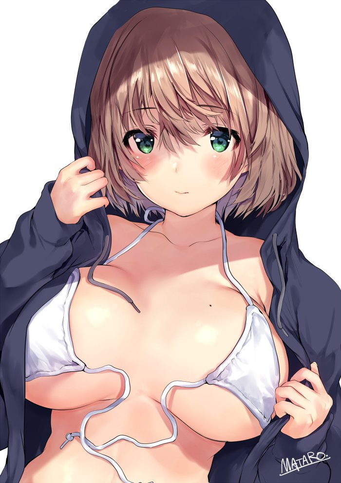 bangs bikini blush breasts brown_hair cleavage closed_mouth collarbone commentary eyebrows_visible_through_hair front-tie_bikini front-tie_top green_eyes hood hoodie large_breasts looking_at_viewer matarou_(genkai_toppa) mole mole_on_breast open_clothes open_hoodie original short_hair signature simple_background solo swimsuit untied untied_bikini white_background white_bikini