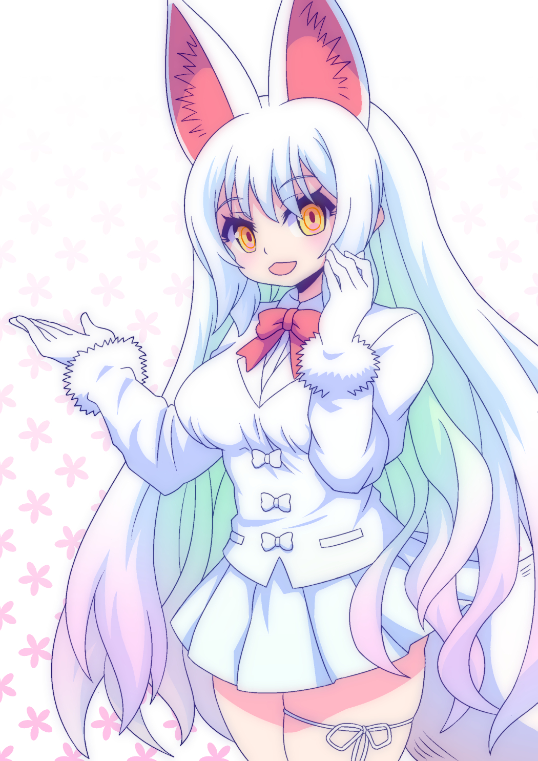 2018 5_fingers animal_humanoid big_breasts biped bow_tie breasts canine clothing digital_drawing_(artwork) digital_media_(artwork) eyelashes female fox_humanoid front_view gloves hair half-length_portrait hi_res humanoid humanoid_hands inari_ōkami japanese japanese_mythology kemono_friends light_skin light_theme long_hair looking_at_viewer mammal mythology oinari-sama_(kemono_friends) open_mouth open_smile pattern_background pleated_skirt portrait quatre_aaaa simple_background skirt smile solo standing suit tan_skin white_background white_clothing white_hair white_tail yellow_eyes