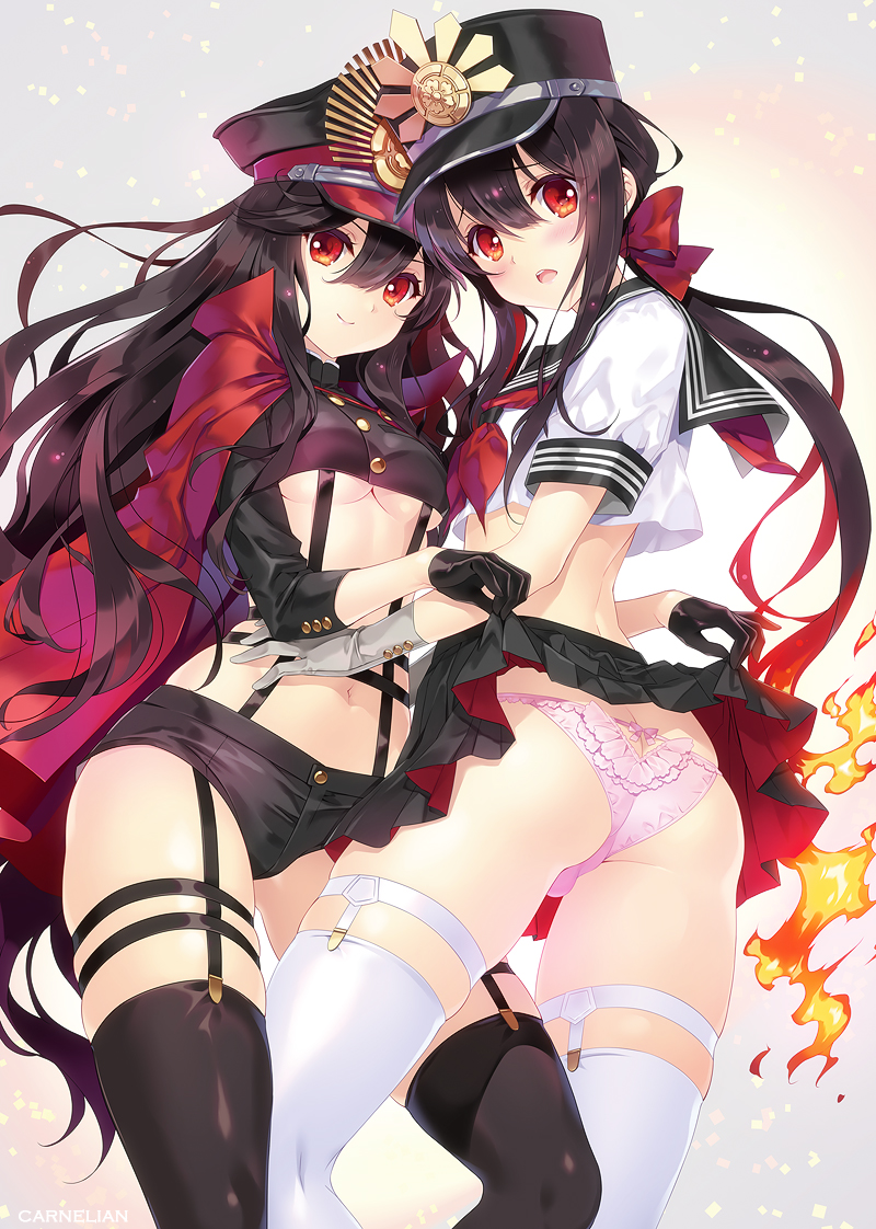 1girl androgynous ass ass_cutout assisted_exposure black_hair black_legwear black_sailor_collar black_shorts black_skirt bow breasts brother_and_sister bulge butt_crack carnelian commentary_request cowboy_shot crossdressing fate/grand_order fate_(series) fire hair_bow hat long_hair looking_at_viewer neckerchief oda_nobukatsu_(fate/grand_order) oda_nobunaga_(fate) otoko_no_ko panties pink_panties ponytail red_bow red_eyes red_neckwear sailor_collar shirt short_shorts shorts siblings skirt smile suspenders thighhighs underboob underwear white_legwear white_shirt