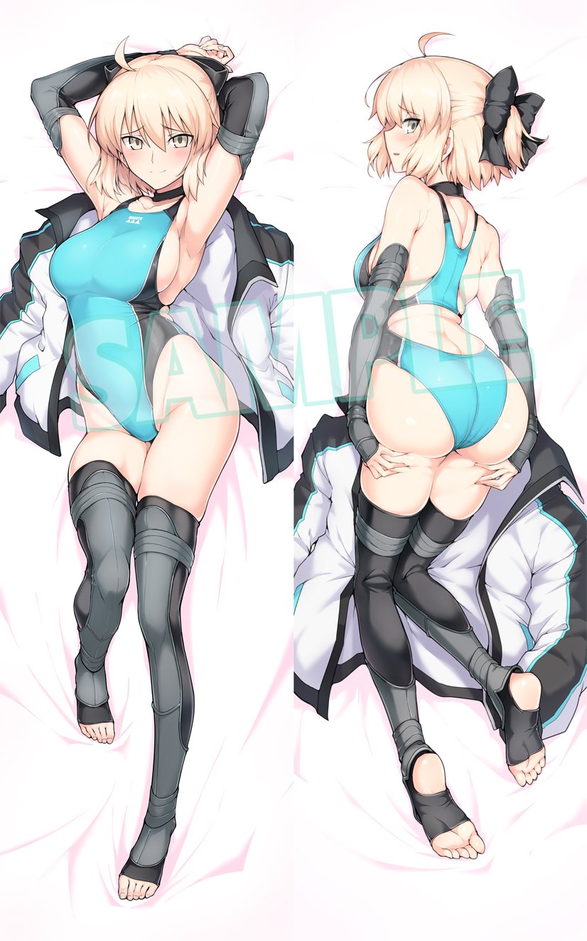 ahoge aqua_swimsuit armpits arms_up ass bare_shoulders bed_sheet black_legwear blonde_hair blush bow breasts choker collarbone competition_swimsuit dakimakura deep_skin fate/grand_order fate_(series) feet grey_eyes groin hair_bow harukon_(halcon) highleg highleg_swimsuit highres jacket jacket_removed large_breasts long_sleeves looking_at_viewer lying multiple_views okita_souji_(fate) okita_souji_(fate)_(all) on_back on_stomach one-piece_swimsuit open_mouth sample short_hair short_ponytail sideboob smile soles stirrup_legwear swimsuit thighhighs toeless_legwear