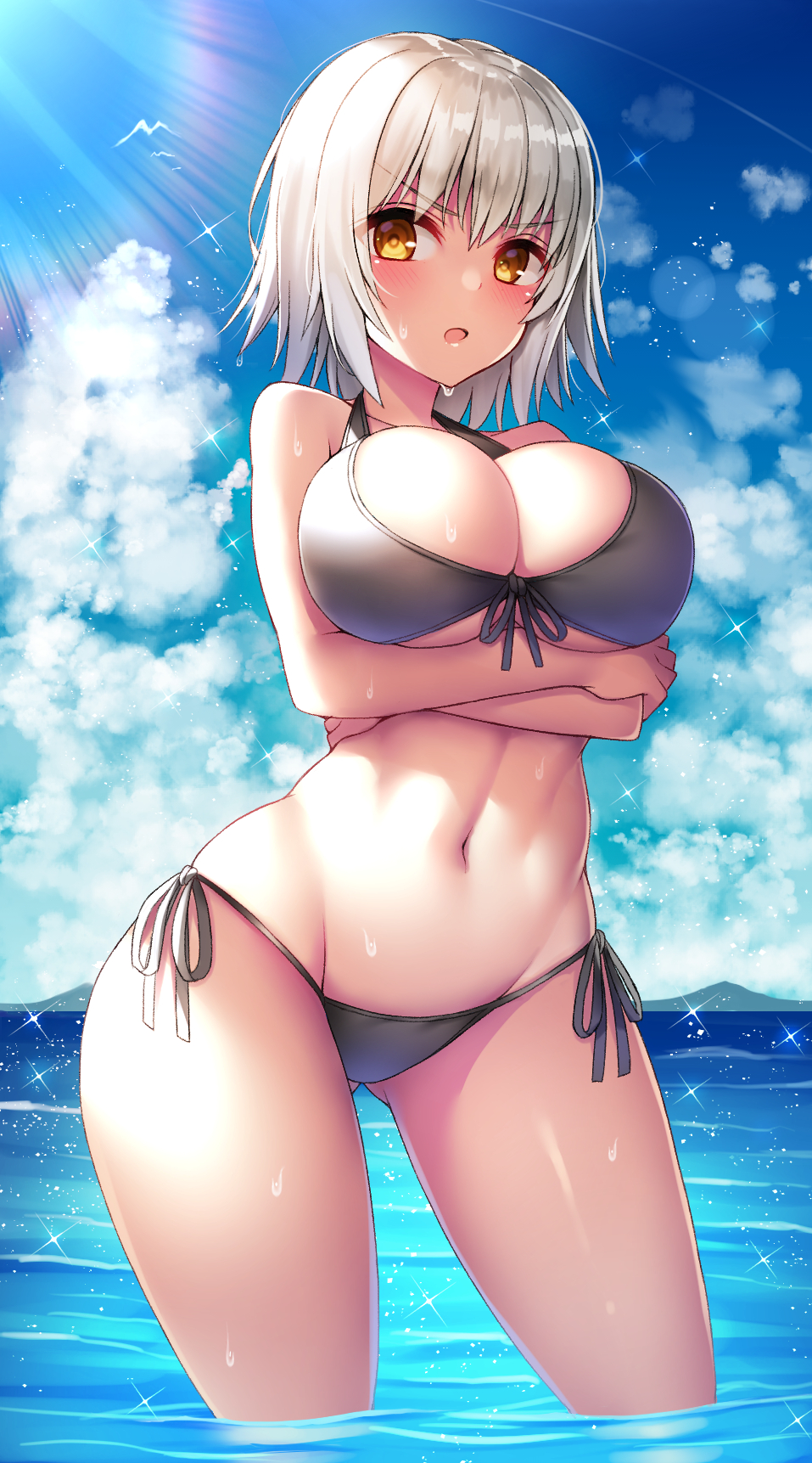 ass_visible_through_thighs bangs bare_shoulders beeyan bikini black_bikini blue_sky blush breasts cleavage collarbone commentary_request crossed_arms day fate/grand_order fate_(series) front-tie_bikini front-tie_top hair_between_eyes highres hips jeanne_d'arc_(alter)_(fate) jeanne_d'arc_(fate)_(all) large_breasts looking_to_the_side navel ocean open_mouth short_hair side-tie_bikini silver_hair sky solo sparkle sunlight swimsuit thighs wading wet yellow_eyes