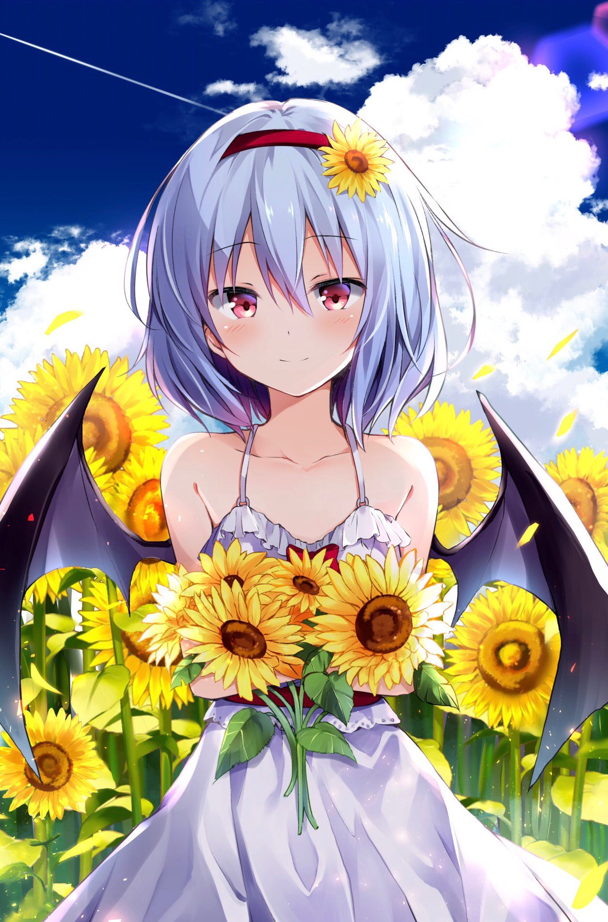 alternate_costume bare_shoulders bat_wings blue_hair blue_sky blush bow cloud collarbone commentary_request day dress eyebrows_visible_through_hair feet_out_of_frame flower frilled_dress frills hair_between_eyes hair_flower hair_ornament hairband highres holding holding_flower hyurasan lens_flare light_particles looking_at_viewer no_hat no_headwear o-ring outdoors petals red_bow red_eyes red_hairband red_sash remilia_scarlet sash short_hair sky smile solo spaghetti_strap standing sunflower sunflower_hair_ornament touhou white_dress wings
