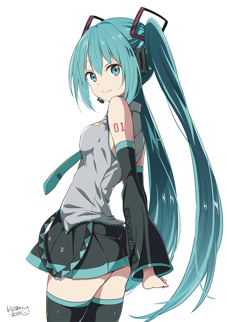 aqua_eyes aqua_hair arms_behind_back artist_name ass bangs detached_sleeves from_side hatsune_miku headset long_hair looking_at_viewer looking_back necktie ragho_no_erika simple_background skirt solo thighhighs twintails very_long_hair vocaloid white_background zettai_ryouiki