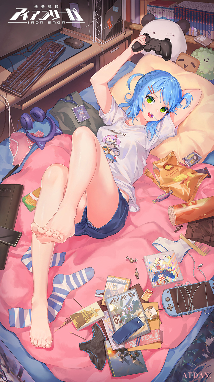 :d animal_ears arm_behind_head arms_up artist_name atdan bag_of_chips bangs barefoot bed black_panties blue_hair blue_shorts bow bow_panties breasts candy cat_ear_headphones cat_ears collarbone commentary computer controller copyright_name desk eyebrows_visible_through_hair feet food food_in_mouth game_controller green_eyes hair_ornament hairclip handheld_game_console headphones highres holding indoors iron_saga keyboard_(computer) kneehighs kneehighs_removed leg_up lollipop long_hair looking_at_viewer lying medium_breasts monitor mouse_(computer) on_back on_bed open_mouth panties panties_removed panty_peek pillow pink_panties pringles print_shirt sheron_(iron_saga) shirt short_shorts short_sleeves shorts smile solo striped striped_legwear striped_panties stuffed_animal stuffed_panda stuffed_toy t-shirt toenails toes two_side_up underwear white_panties white_shirt