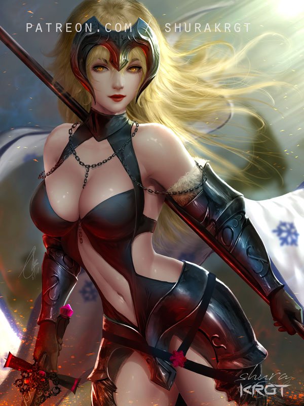 armor armored_dress artist_name bare_shoulders black_dress blonde_hair breasts chain cleavage commentary dress english_commentary fate/grand_order fate_(series) faulds flag fur_trim gauntlets headpiece holding holding_sword holding_weapon jeanne_d'arc_(alter)_(fate) jeanne_d'arc_(fate)_(all) large_breasts looking_at_viewer navel_cutout patreon_username red_lips shurakrgt sword weapon yellow_eyes