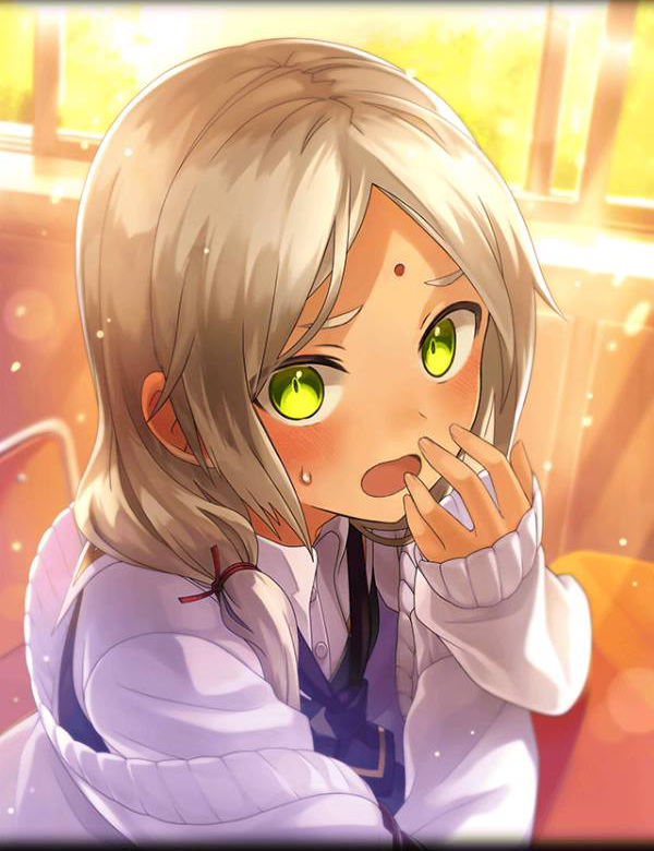 bindi blonde_hair blush classroom dark_skin desk facial_mark forehead_mark green_eyes long_hair low_twintails official_art open_mouth parashu phantom_of_the_kill school_uniform sweatdrop sweater twintails