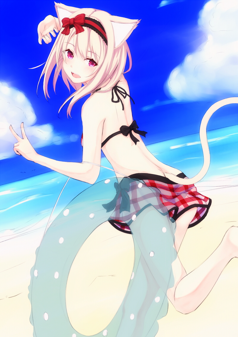 96tuki animal_ears arms_up beach bikini bikini_skirt blue_sky bow cat_ears cat_girl cat_tail cloud commentary_request curled_fingers day dutch_angle eyebrows_visible_through_hair folded_leg hair_between_eyes hair_bow hairband innertube leg_lift lolita_hairband looking_at_viewer looking_back ocean open_mouth original outdoors pink_eyes pink_hair plaid plaid_bikini plaid_skirt running short_hair sketch skirt sky solo swimsuit tail v