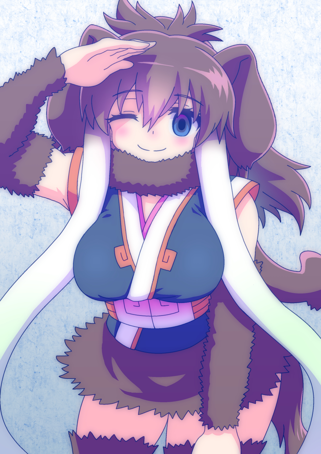 2018 5_fingers absolute_territory animal_humanoid armwear bare_shoulder big_breasts biped blue_background blue_eyes blush breasts brown_fur brown_hair clothed clothing detached_sleeves digital_drawing_(artwork) digital_media_(artwork) eyelashes female floppy_ears front_view fur hair half-length_portrait hi_res humanoid humanoid_hands japanese_clothing kemono_friends leaning leaning_forward light_skin long_tail looking_at_viewer mammoth neck_tuft one_eye_closed ponytail portrait proboscidean proboscidean_humanoid quatre_aaaa raised_arm salute simple_background smile solo standing tan_skin tuft tusks wink woolly_mammoth_(kemono_friends) yukata