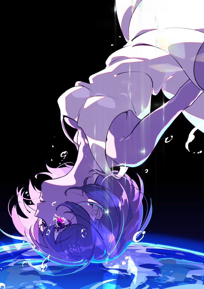 commentary_request crying crying_with_eyes_open dress earth floating hanasaki_coa lavender_hair original pink_eyes purple_eyes purple_hair short_hair space tears upside-down water_drop white_dress