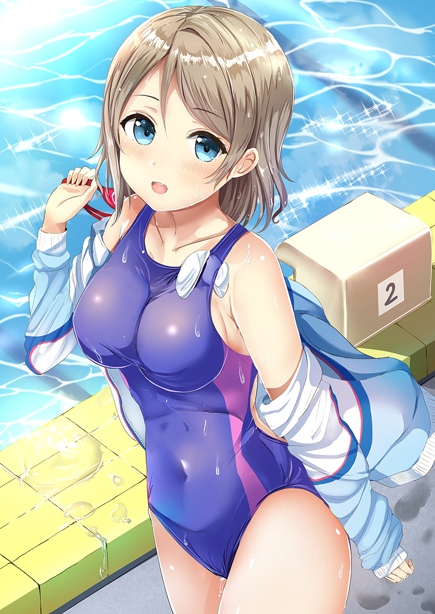 :d bangs bare_shoulders blue_eyes blush breasts collarbone commentary_request covered_navel day eyebrows_visible_through_hair goggles hair_between_eyes hand_up highres holding holding_goggles in_swimsuit jacket light_brown_hair long_hair long_sleeves looking_at_viewer love_live! love_live!_sunshine!! medium_breasts morerin off_shoulder one-piece_swimsuit open_clothes open_jacket open_mouth outdoors pool poolside sleeves_past_wrists smile solo standing swim_cap swim_cap_removed swimsuit watanabe_you wet wet_clothes wet_hair wet_swimsuit