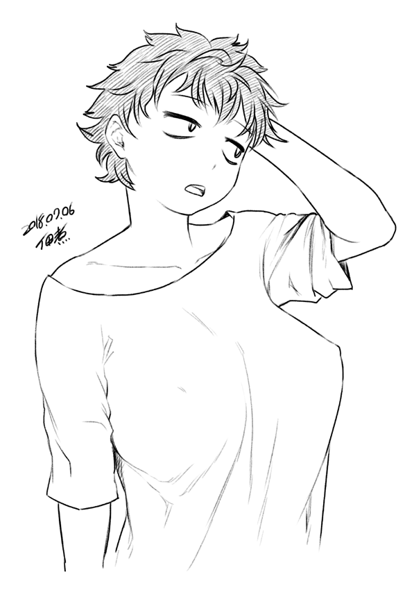 baggy_clothes bags_under_eyes breasts collarbone commentary_request covered_nipples dated greyscale hand_in_hair jitome large_breasts messy_hair monochrome off_shoulder original shirt short_hair solo t-shirt tsukudani_(coke-buta)