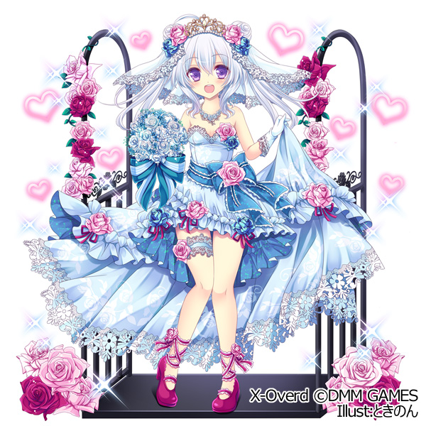 blue_bow blue_dress bow breasts bridal_veil copyright_name dmm dress flower gloves heart long_hair nonno official_art pink_footwear purple_eyes silver_hair skirt_hold small_breasts sparkle standing thigh_strap tiara tokinon veil watermark white_gloves x-overd
