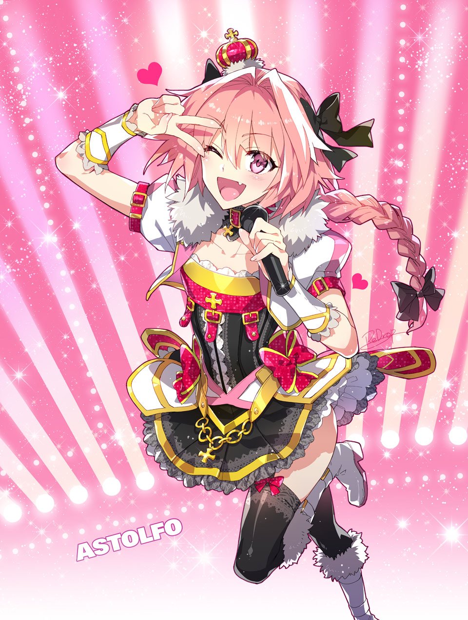 ;d astolfo_(fate) belt black_legwear black_ribbon boots braid chain character_name choker commentary_request cropped_jacket cross crown dress fang fate/grand_order fate_(series) frilled_dress frills fur_trim gold_chain hair_intakes heart highres idol jacket lace lace-trimmed_thighhighs long_hair looking_at_viewer male_focus microphone mini_crown multicolored_hair one_eye_closed open_mouth pink_background pink_belt pink_hair puffy_short_sleeves puffy_sleeves redrop ribbon short_sleeves signature single_braid smile solo stage_lights standing standing_on_one_leg streaked_hair thighhighs tilted_headwear v v_over_eye white_footwear white_jacket wrist_guards