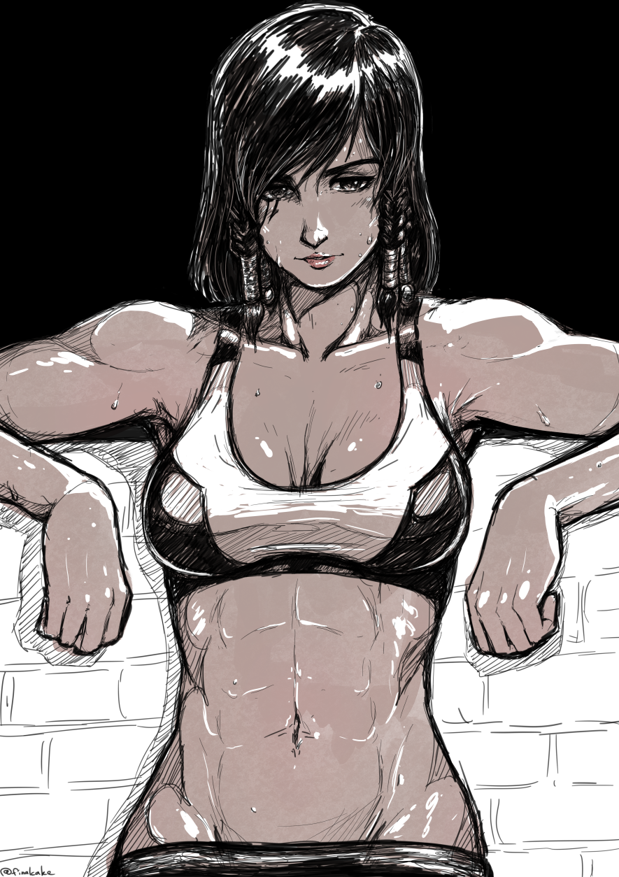 abs arm_rest bangs bare_arms bare_shoulders breasts brick_wall collarbone commentary dark_skin eye_of_horus facial_mark facial_tattoo finalcake groin hair_tubes hands_up highres lips looking_at_viewer medium_breasts medium_hair navel overwatch parted_lips pharah_(overwatch) red_lips side_braids sketch solo sports_bra stomach sweat swept_bangs tattoo toned upper_body