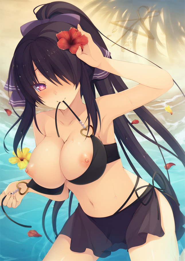 ai_ai_gasa aotsu_karin arm_up beach bikini bikini_in_mouth black_bikini blush breasts closed_mouth commentary_request day flower hair_flower hair_ornament hair_over_one_eye heart heart-shaped_pupils heart_ring heart_ring_top high_ponytail holding large_breasts long_hair looking_at_viewer mouth_hold navel nipples nose_blush ocean original outdoors petals ponytail red_eyes red_flower sand see-through side-tie_bikini sidelocks smile solo swimsuit symbol-shaped_pupils very_long_hair water yellow_flower