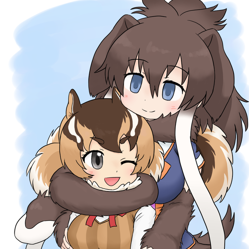 2018 animal_humanoid big_breasts biped blue_background blue_clothing blue_eyes blush bow_tie breast_size_difference breasts brown_clothing brown_fur brown_hair brown_tail bust_portrait chipmunk chipmunk_(kemono_friends) clothed clothing coiling cute digital_drawing_(artwork) digital_media_(artwork) duo embrace eyebrows female female/female floppy_ears fluffy fluffy_tail front_view fur grey_eyes hair hug huge_breasts hugging_from_behind humanoid humanoid_on_humanoid kemono_friends light_skin long_hair looking_at_another looking_at_partner looking_back looking_down mammal mammoth multicolored_hair multicolored_tail neck_tuft one_eye_closed open_mouth open_smile orange_hair orange_tail pigtails ponytail portrait proboscidean proboscidean_humanoid rodent rodent_humanoid shirt simple_background size_difference smile striped_hair stripes sweater_vest tail_coil tan_hair tan_skin tan_tail trunk trunk_coil tuft tusks white_clothing white_fur white_hair white_stripes woolly_mammoth_(kemono_friends) も23