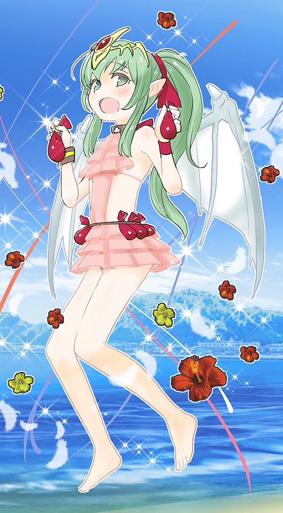 bare_shoulders barefoot blue_sky chiki cloud commentary_request day dragon_wings fire_emblem fire_emblem:_monshou_no_nazo fire_emblem_heroes flower green_eyes green_hair hair_ribbon long_hair mamkute open_mouth pink_swimsuit pointy_ears ponytail red_ribbon ribbon sasakimuu sky solo swimsuit tiara water wings
