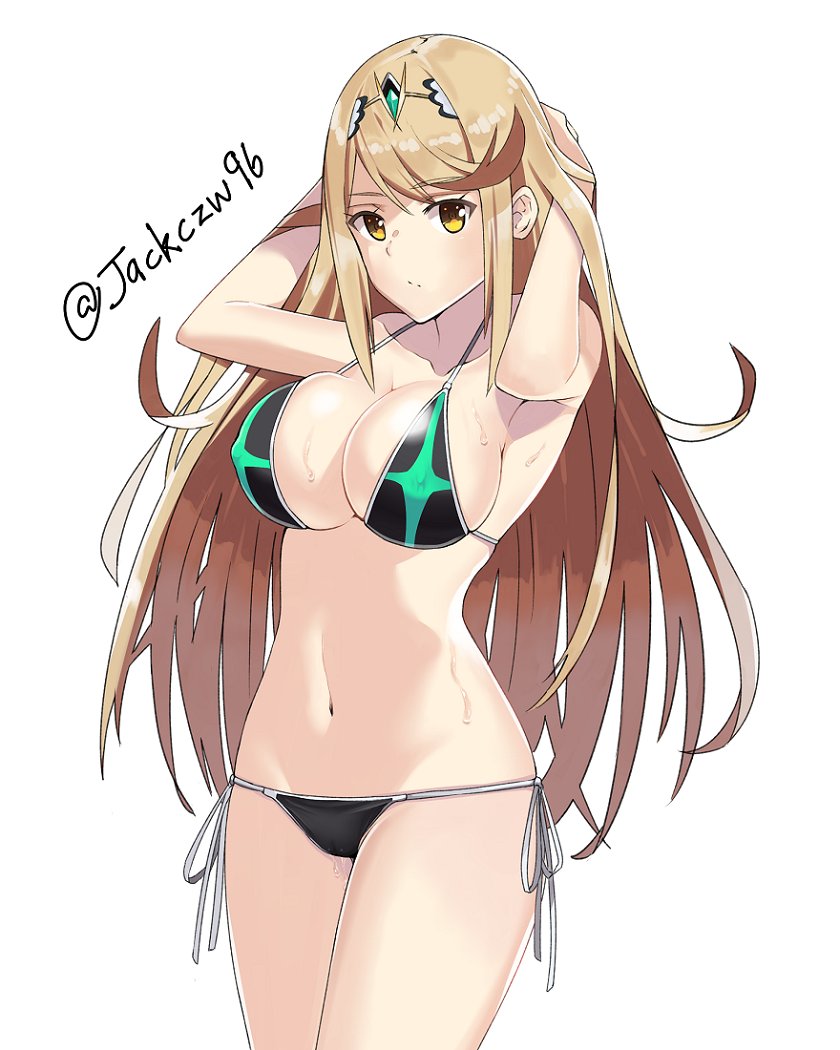 bangs bare_shoulders bikini black_bikini blonde_hair breasts cleavage commentary commission english_commentary eyebrows_visible_through_hair front-tie_bikini front-tie_top hikari_(xenoblade_2) j@ck large_breasts long_hair looking_at_viewer navel solo swimsuit tiara very_long_hair wristband xenoblade_(series) xenoblade_2 yellow_eyes