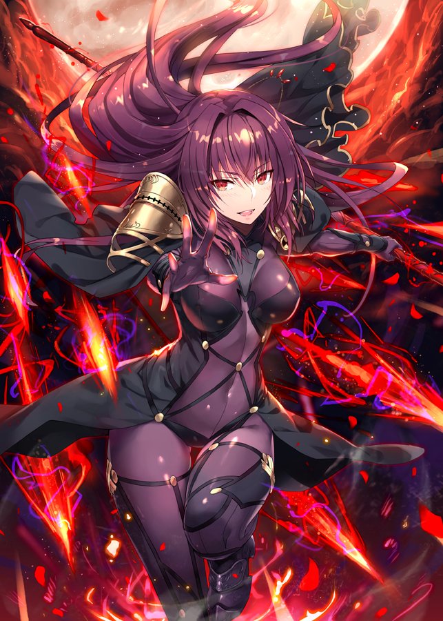 bodysuit breasts covered_navel eyebrows_visible_through_hair fate/grand_order fate_(series) gabiran gae_bolg hair_intakes holding holding_weapon large_breasts long_hair looking_at_viewer open_mouth pauldrons polearm purple_bodysuit purple_hair red_eyes scathach_(fate)_(all) scathach_(fate/grand_order) shoulder_armor smile spear veil very_long_hair weapon